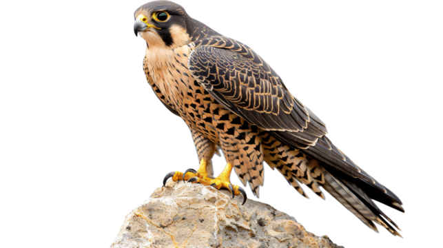 Falcon perched high on a cliff scanning for movement below, white background for clipping