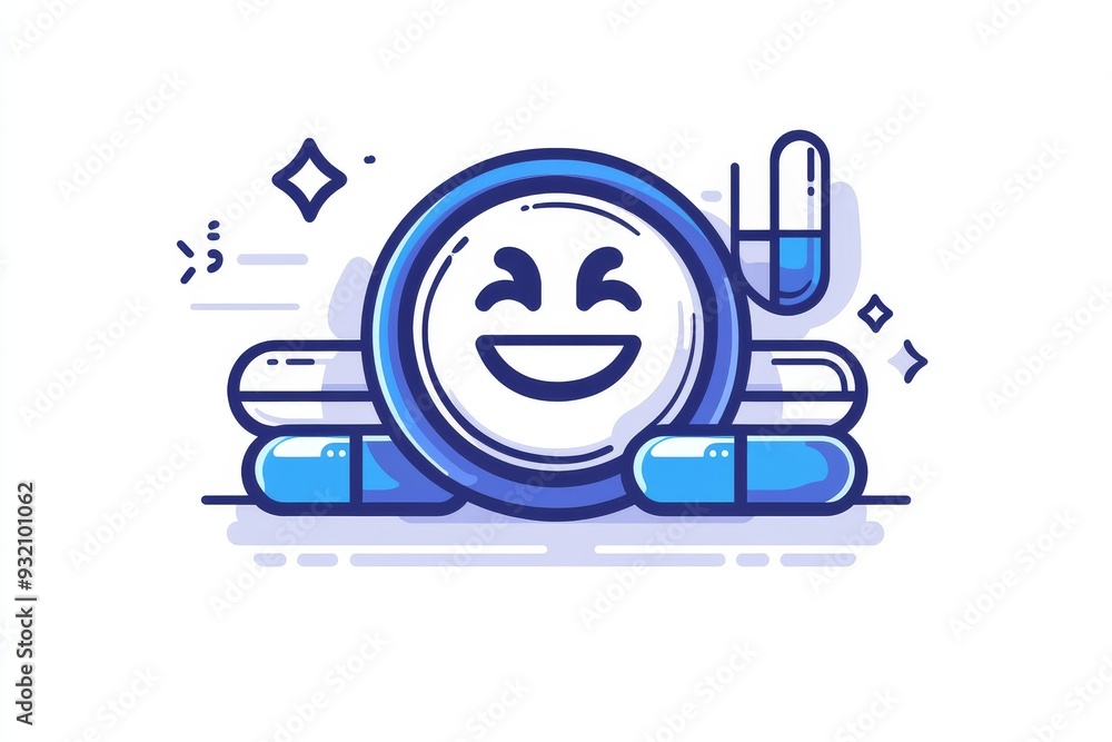 Poster playful and happy capsule character with a beaming smile on a blue background accompanied by books s