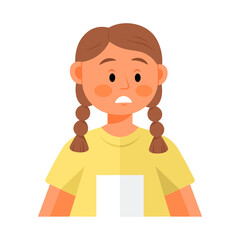 Young girl with brown hair in two braids, expressing a concerned or worried emotion. She wears a yellow shirt and has a thoughtful expression on her face.