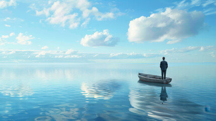A man in a suit standing on the edge of a small boat floating over a calm sea