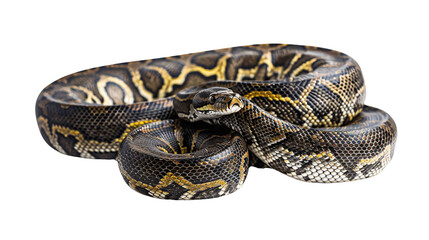 Fototapeta premium Python coiled and ready to strike at a passing rodent, white background for clipping