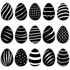 Black and white Easter eggs with various designs on a white background