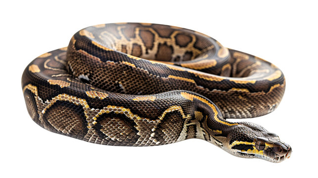 Python coiled and ready to strike at a passing rodent, white background for clipping