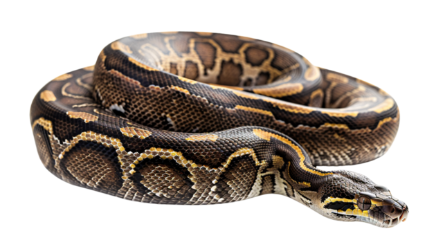 Python coiled and ready to strike at a passing rodent, white background for clipping