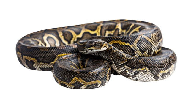 Python coiled and ready to strike at a passing rodent, white background for clipping