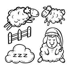 Set cute sleeping sheep hand drawn doodle. Children plush toy. Time to sleep. Good night. Vector outline line art illustration.