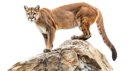 Mountain lion perched on a rock ledge scanning for prey below, white background for clipping