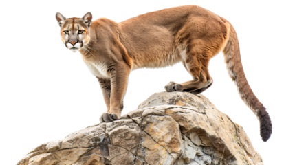 Mountain lion perched on a rock ledge scanning for prey below, white background for clipping
