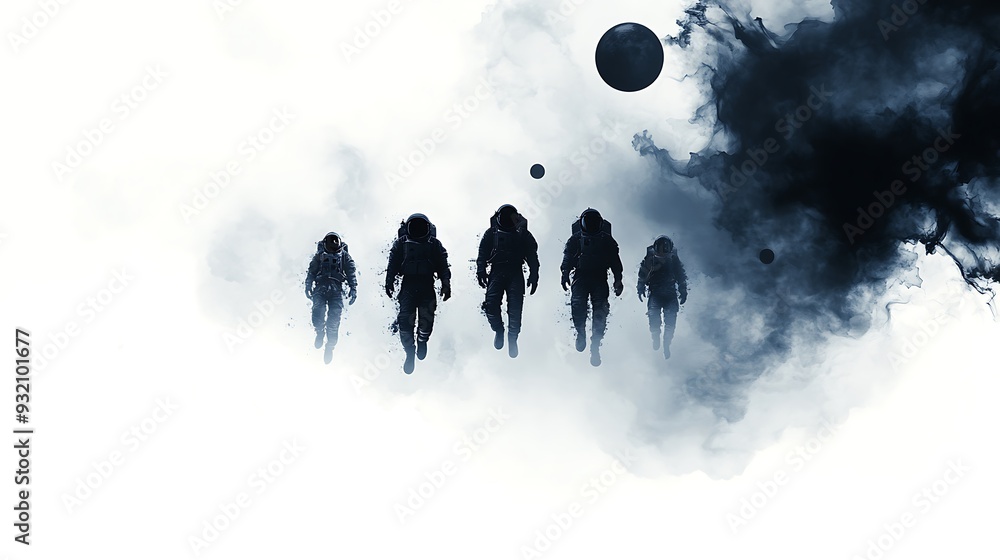 Poster out-of-this-world astronauts floating in space surrounded by nebulous clouds - concept of isolation 