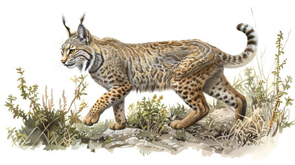 Obraz premium Bobcat sneaking through the underbrush on the trail of a rabbit, white background for clipping