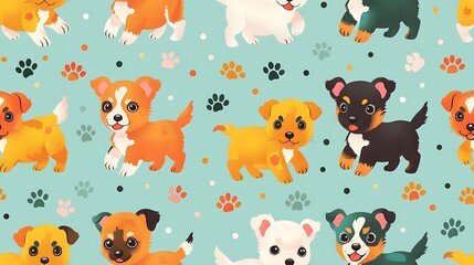 A seamless pattern of cute cartoon puppies of different breeds, running and jumping, surrounded by playful paw prints, bright and playful colors, detailed textures, hd quality, natural look.
