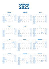 2025 Calendar vector template, annual planner with all months