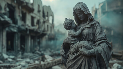 Obraz premium A weathered statue of a woman holding a child, standing amidst the ruins of a war-torn city, conveying themes of destruction and resilience.