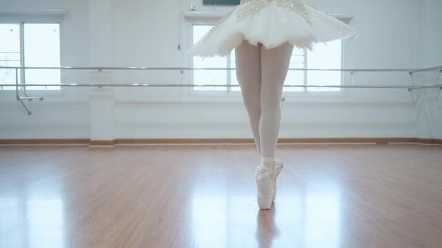 low angle shot of Ballet dancer feet practicing turning body moves in beautiful white tutu performs dance modern arts classical ballet, wooden floor, balancing on toe, ballerina dancer female legs