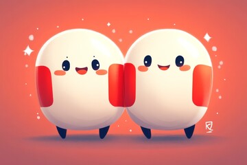 Obraz premium Charming and minimalist illustration of two pill characters hugging each other on a soft orange background symbolizing warmth support and friendship in healthcare