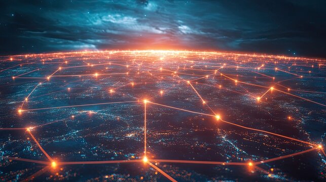 Sky-high view of digital network pathways and data transfer systems with neon lights highlighting global connectivity