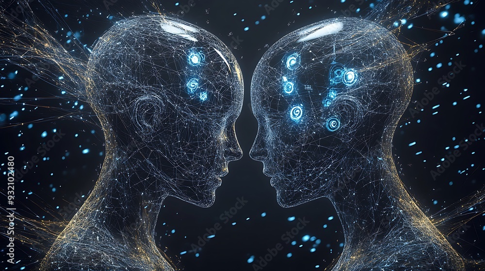 Poster futuristic wireframe robot heads connecting in digital world - 3d illustration with data streams on 