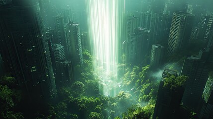 Striking light column from the heavens casting ethereal light over a dense urban jungle of high-rise buildings and bustling city life