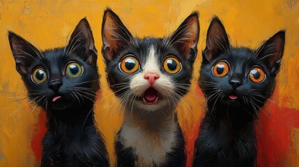 comical feline portrait wideeyed astonishment vibrant background colors exaggerated expression capturing feline curiosity and surprise