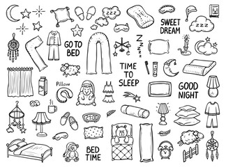 Set of bedtime hand drawn doodle. Bedroom items. Go to bed. Good night. Sleeping sheep. Pillows, crescent moon, pajamas, dream catcher, night light, alarm clock. Vector outline line art illustration.