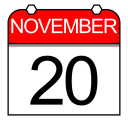 November 20th page calendar icon. Day of the week.