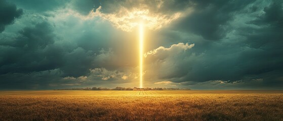 Obraz premium Radiant light pillar stretching from a cloudy sky to a rural landscape with golden fields and a distant farmhouse enhancing the scene with a celestial glow