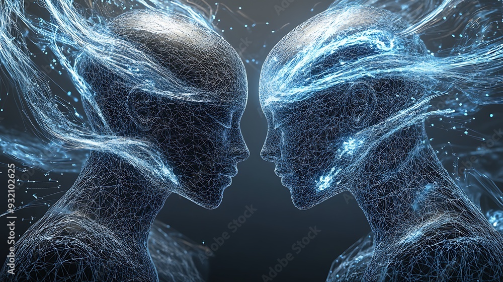 Poster futuristic wireframe robot heads interacting with blue data streams in 3d illustration