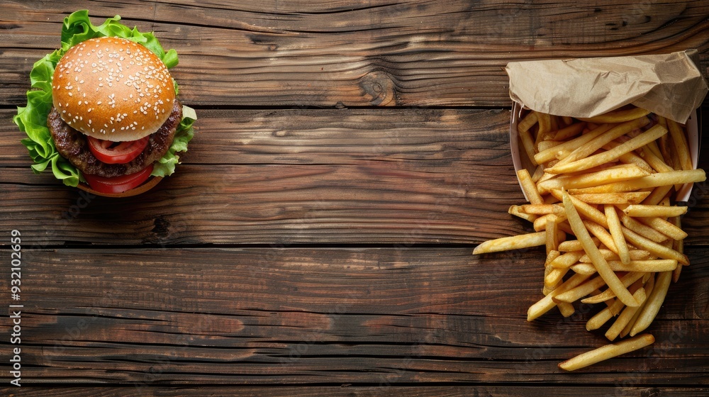 Poster burger and fries from above on wooden background empty space for text