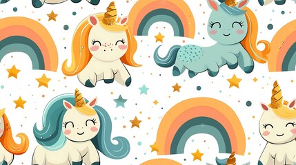 Naklejka premium A seamless pattern of cute cartoon unicorns with glittering horns, dancing on rainbows with golden stars, soft pastel hues, dynamic poses, soft lighting, hd quality, natural look. --ar 16:9 --v 6.