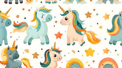 A seamless pattern of cute cartoon unicorns with glittering horns, dancing on rainbows with golden stars, soft pastel hues, dynamic poses, soft lighting, hd quality, natural look. --ar 16:9 --v 6.