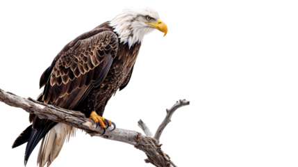Eagle perched on a high branch looking down for prey, white background for clipping