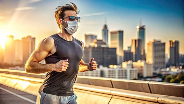 Fit athlete runs on a sunny day, wearing a face mask and sunglasses, with a blurred urban cityscape background, conveying freedom and determination.