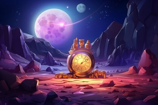 Steampunk Clock on a Moonlit Landscape