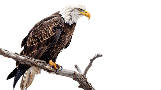 Eagle perched on a high branch looking down for prey, white background for clipping