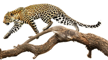 Leopard climbing a tree to pounce on an unsuspecting animal, white background for clipping