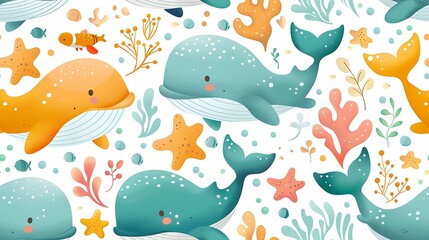 A seamless pattern of cute cartoon whales and starfish swimming through a tropical ocean, with colorful coral and gentle waves, rich ocean tones, soft shadows, hd quality, natural look.