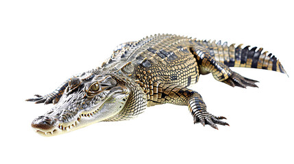 Fototapeta premium Crocodile lying in wait for an animal to drink, white background for clipping