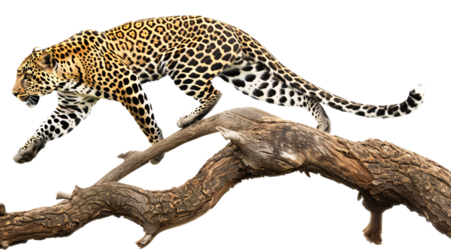 Leopard climbing a tree to pounce on an unsuspecting animal, white background for clipping