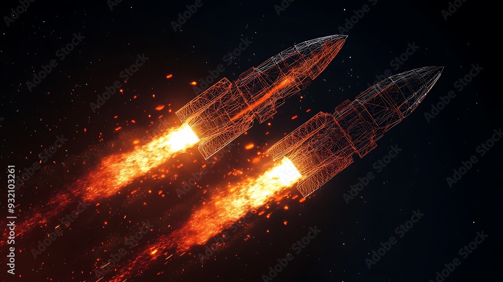 Poster interstellar race of futuristic wireframe rockets in space - 3d illustration with angular design
