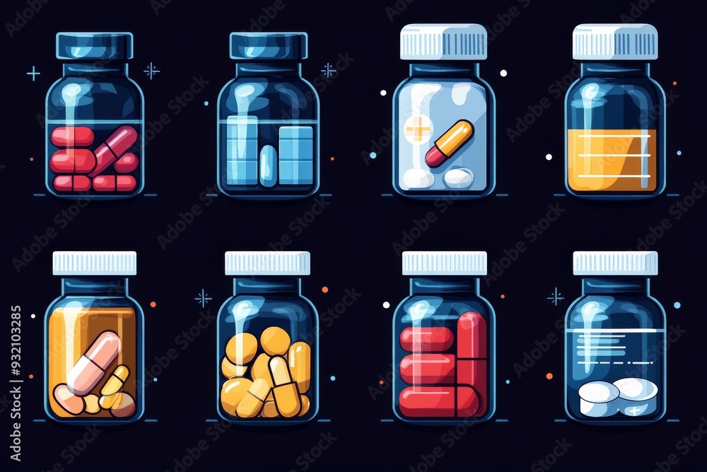 Poster futuristic display of pill bottles and capsules with a glowing effect set against a dark background 