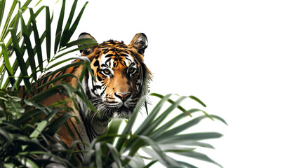 tiger; emerging; jungle; shadows; white; background; clipping;