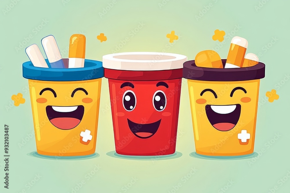 Aufkleber happy and friendly pill bottles with smiling faces filled with colorful capsules representing the jo