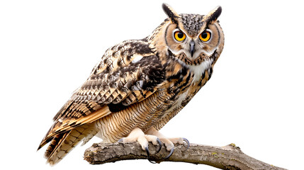 Fototapeta premium Owl perched silently watching for movement below, white background for clipping