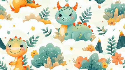 A seamless pattern of friendly cartoon Pterodactyls soaring over a prehistoric landscape with erupting volcanoes and dense forests, rich colors, detailed wing textures, hd quality, natural look.