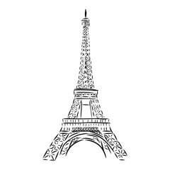 Fototapeta premium Eiffel tower in France straight view, doodle line sketch,