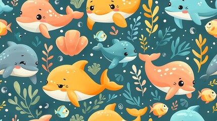 A seamless pattern of friendly cartoon sea creatures like dolphins, turtles, and fish, swimming through coral reefs, vibrant blues, detailed coral textures, playful bubbles, hd quality, natural look.