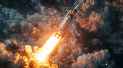 3D render of a new product launch: a space rocket lifting off, symbolizing technological advancement with intricate details and vibrant ignition