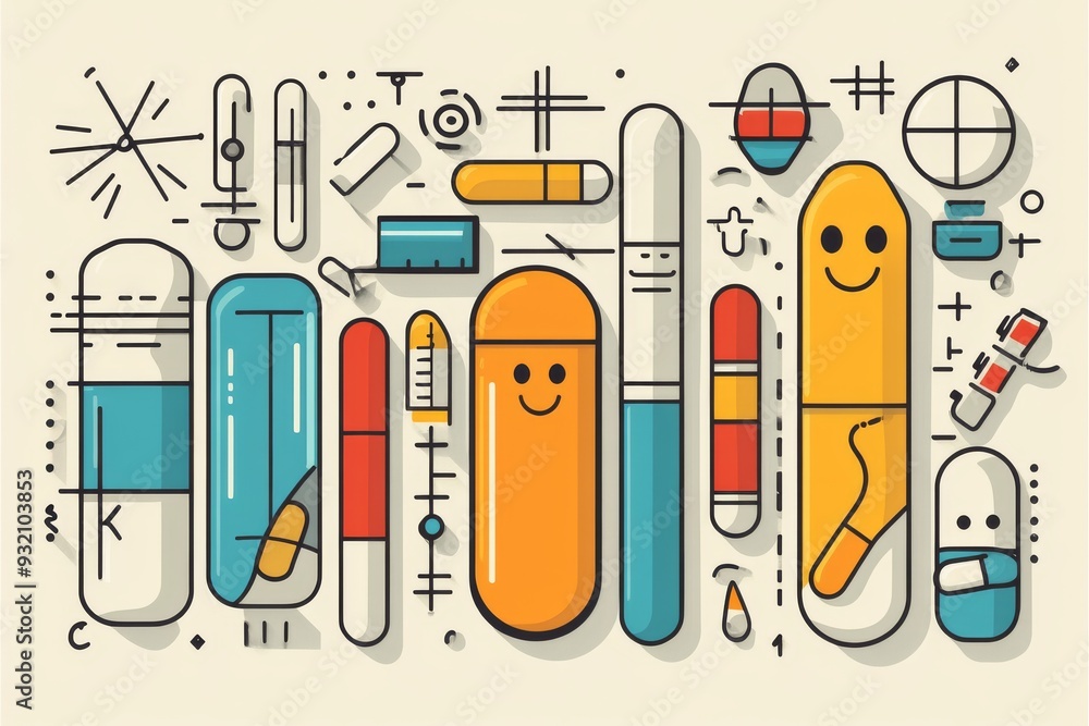 Poster creative and modern illustration of various pill and capsule characters interacting in a schematic l