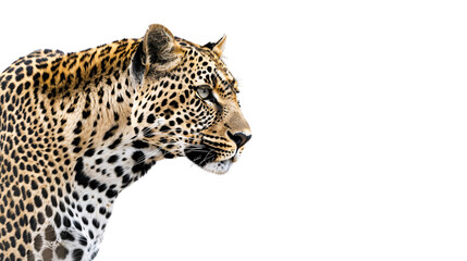 Leopard silently stalking through the underbrush, white background for clipping