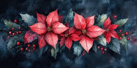 Watercolor Painting of Red Poinsettia Flowers and Green Holly Leaves on a Dark Background